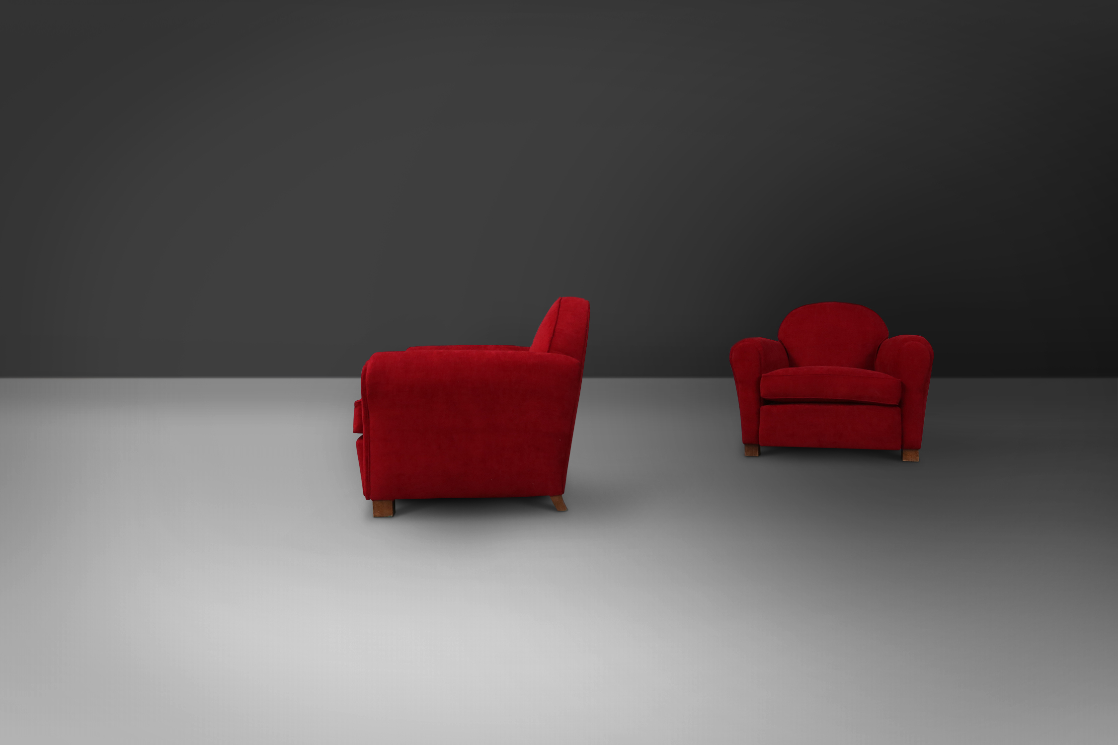 French pair of Art Deco lounge chairs in red velvetthumbnail